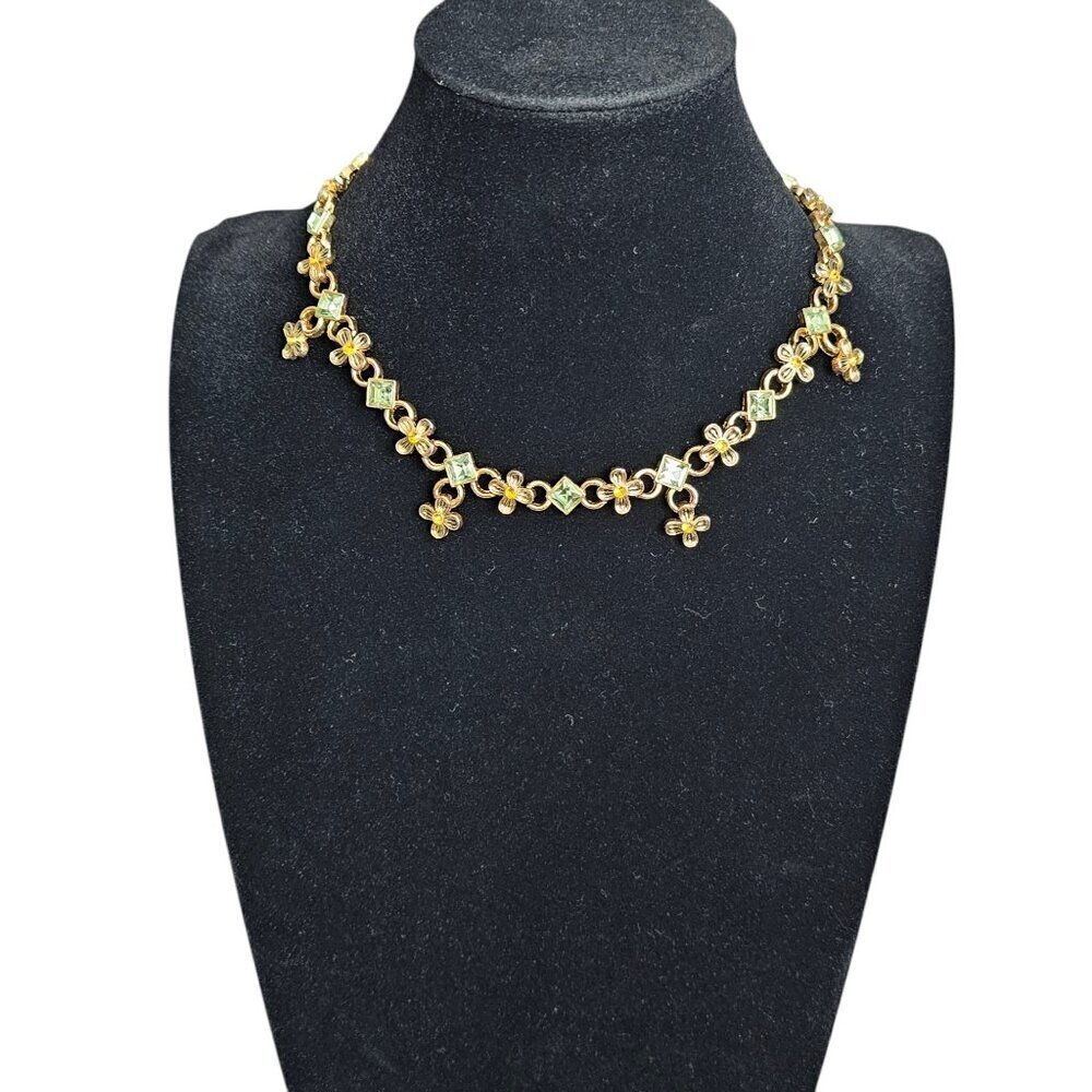 Vintage Gold Tone Floral Citrine Prasiolite Retro Link Necklace